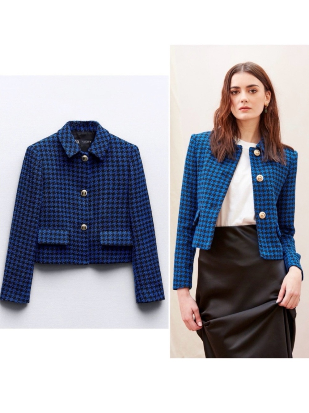 Zara Blue and Black Houndstooth Cropped Jacket Sz Large